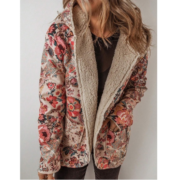 Cozy Floral Print Teddy Lined Pockets jacket Coat - Picture 4 of 10